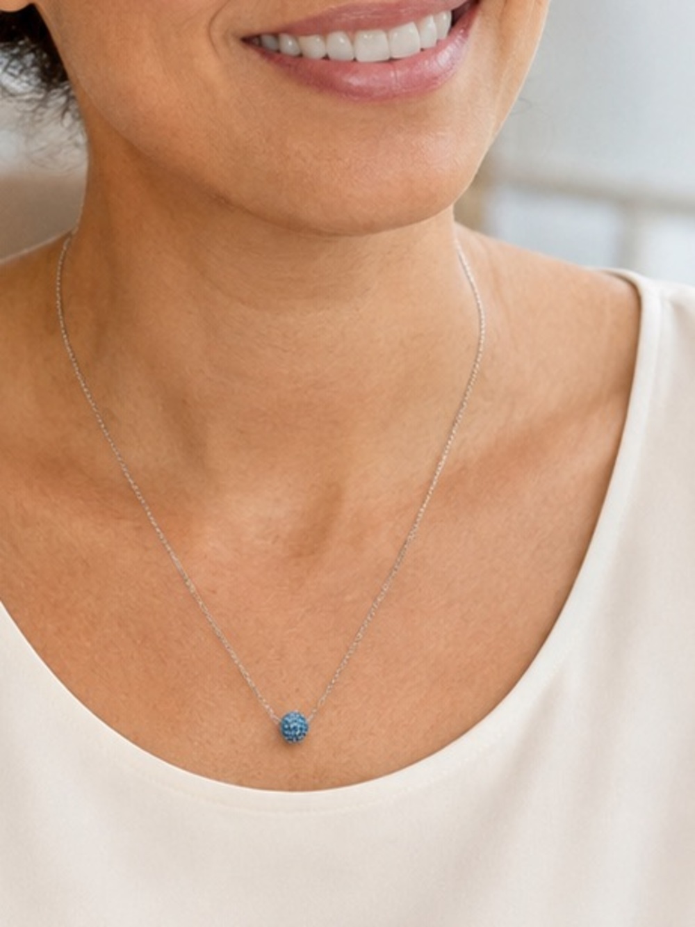 LIA SOPHIA Silver Tone Pave Crystal Ball Pendant Necklace Blue Rhinestone